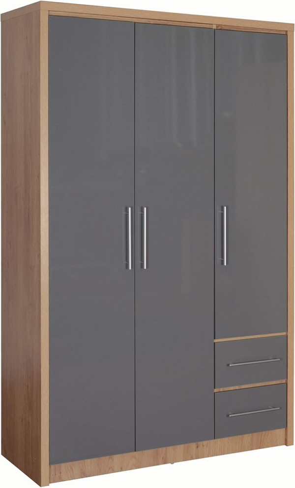 Seconique Seville Wardrobe in Grey Gloss_Light Oak Effect Veneer